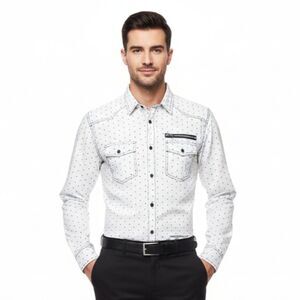 Tranquility & Mayhem White & Blue Print Slim Fit Long Sleeve Shirt L